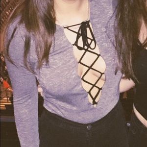 Grey deep-V lace up bodysuit